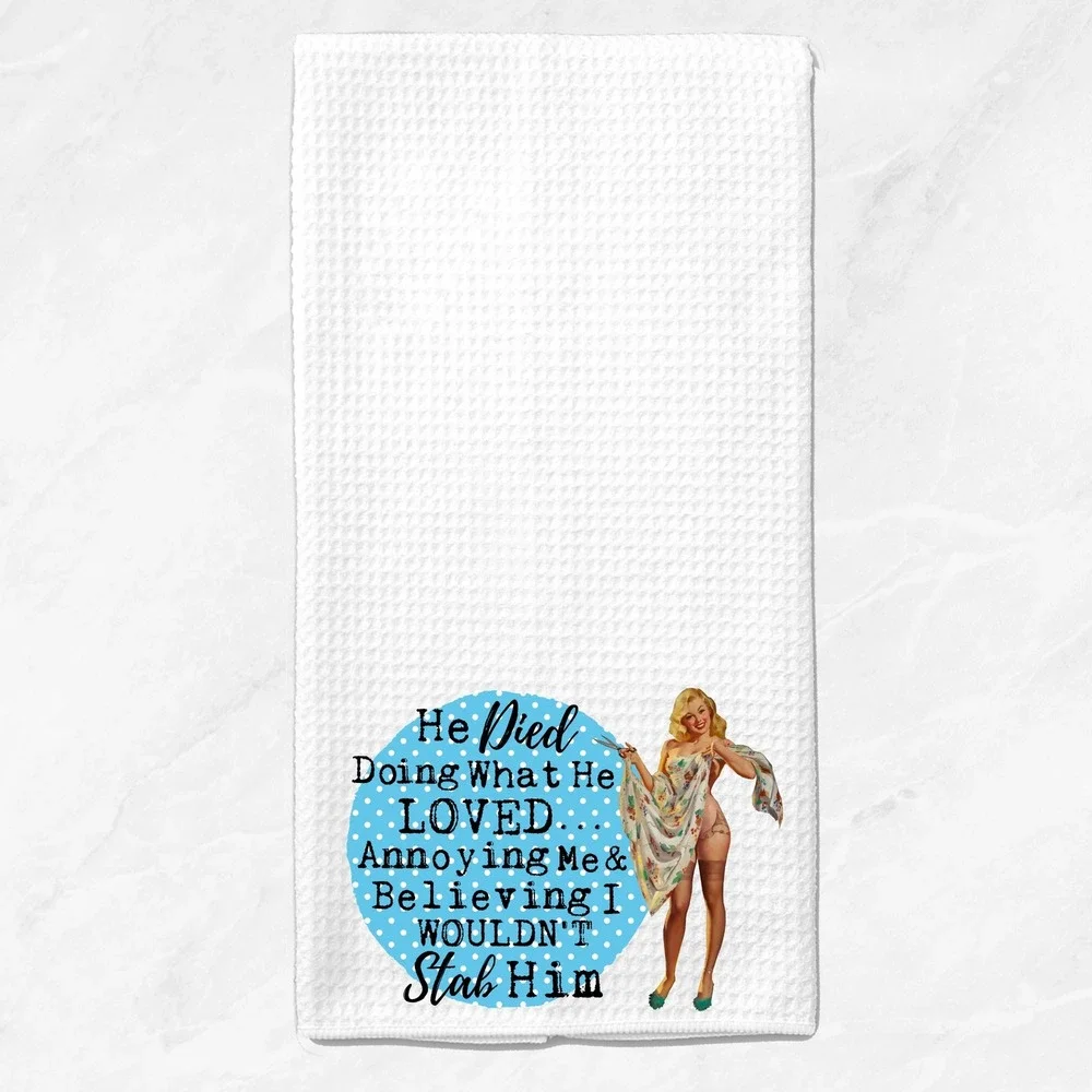 Funny Retro Pinup Waffle Weave Kitchen Towel White Blue Polka Dot Snarky Decor